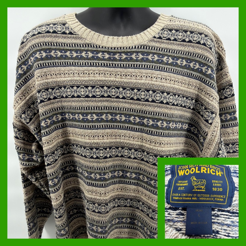 Vintage Woolrich Sweater Mens Large L Blue Fair Isle Geometric Knit Made in USA